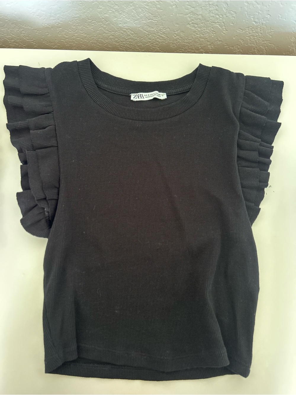 Zara Black Ribbed Crewneck Top with Ruffle Trim